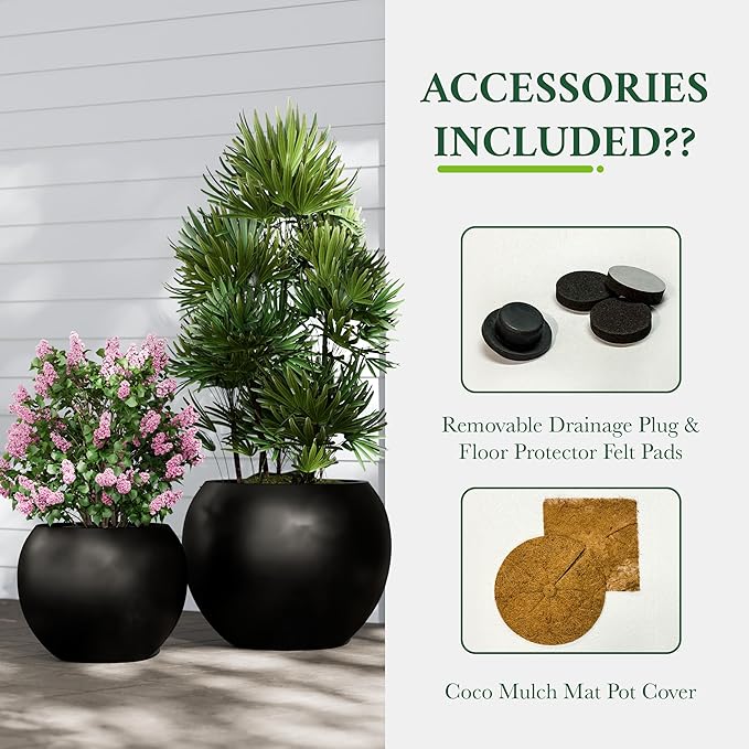 DTY Signature Mount Sherman Modern Indoor Outdoor Fiberstone Sphere Planter, Durable Round Garden Pot, Weather Resistant, Drainage Hole & Rubber Plug - Medium, Black