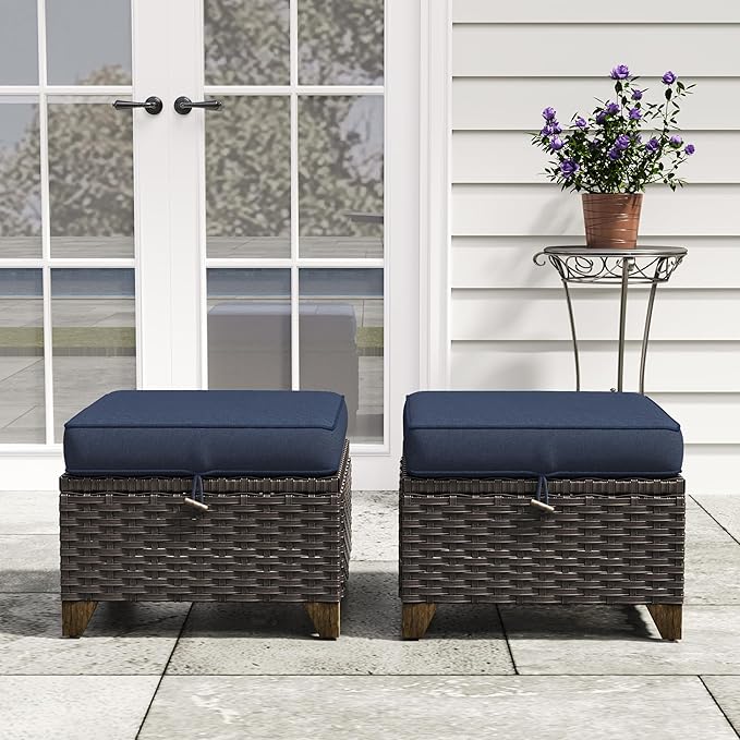 2 Pieces Patio Outdoor Ottomans with Removable and Washable Covers，PE Rattan Wicker Footstools for Porch, Garden, Sunroom (Navy Blue)
