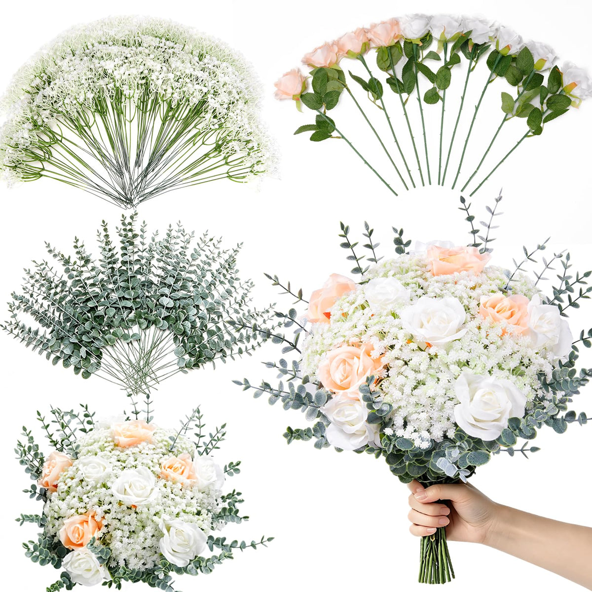156 PCS Mixed Eucalyptus Stems with Babys Breath Greenery & Silk Roses