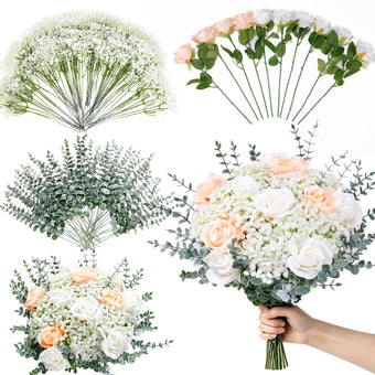 156 PCS Mixed Eucalyptus Stems with Babys Breath Greenery & Silk Roses