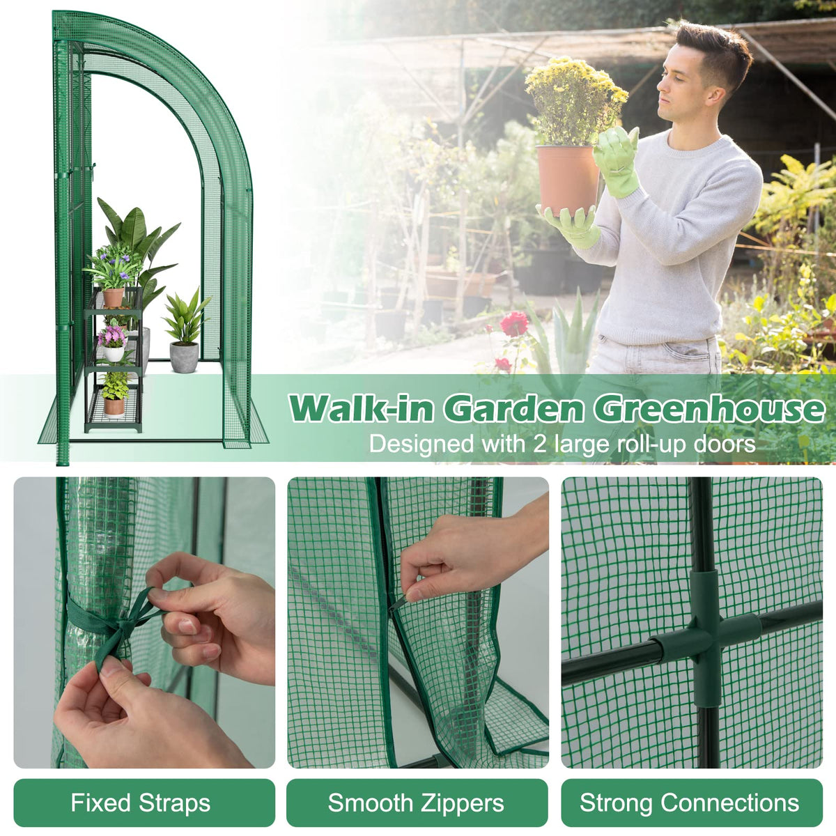 Graffy 7'x3.5’x7' Lean to Greenhouse, Walk in Green House with Shelves & 2 Zipper Doors, Windproof PE Cover, Portable Steel Frame Greenhouses for Outdoors Heavy Duty, Plant Hot House