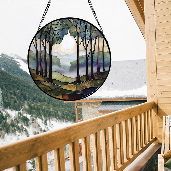 DASTOLL Stained Glass Window Hanging, Green Brown Smoke Forest Moon Suncatcher for Doors Window Home Tree Sun Catchers Decor Mother's Day Birthday Gifts for Women, Men Mom 9.8 in