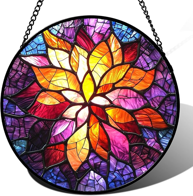 AMDERVEN Stained Glass Window Hanging, Fuchsia Abstract Flowers Suncatcher for Window Home Decor Orange Sun Catcher Mother's Day Birthday Gifts for Women Men Mom Nana 15 in