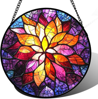 AMDERVEN Stained Glass Window Hanging, Fuchsia Abstract Flowers Suncatcher for Window Home Decor Orange Sun Catcher Mother's Day Birthday Gifts for Women Men Mom Nana 9.8 in