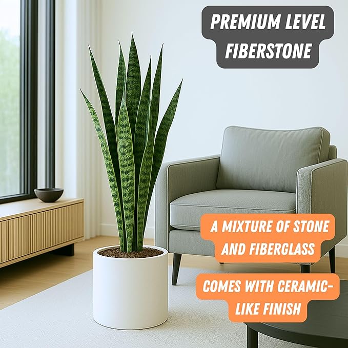 Fox & Fern Large 12 Inch Plant Pot with Hidden Saucer — Premium Lightweight Fiberstone Matte White Self Watering Planter with Seamless Saucer; Indoor & Outdoor Use; Weather Resistant & UV Resistant