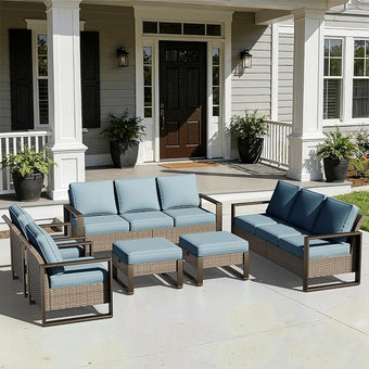 Joyside Outdoor Patio Chairs, 5 Pieces Wicker Rattan Furniture Set, 2 Patio Chairs, 2 Sofa and 2 Ottoman, Metal Wide Armrest, Thick Cushions and Deep Seating for Garden, Backyard, Porch, Deck