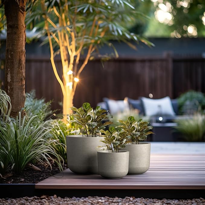 Kante 13",11",9" Dia Weathered Concrete Round Planters (Set of 3), Outdoor Indoor Modern Planter Pots, Lightweight, Weather Resistant, Seamless with Drainage Hole