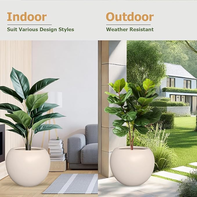 KUTE NEST 16”H x 20”D Globo Fiberstone Round Planter with Drainage Hole, Smooth Finishes, Weather Resistant for Indoor and Outdoor Use, Included 2 Extra Coco Mats (Kilim Beige, 13.5” Pot Opening)