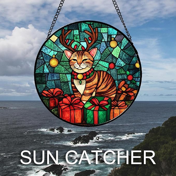 Stained Glass Window Hanging Cat with Elk Antlers Large 11.8" - Suncatcher Door Garden Sun Catcher Home Decor Birthday Christmas for Lost Pets Mom Men Woman Nana
