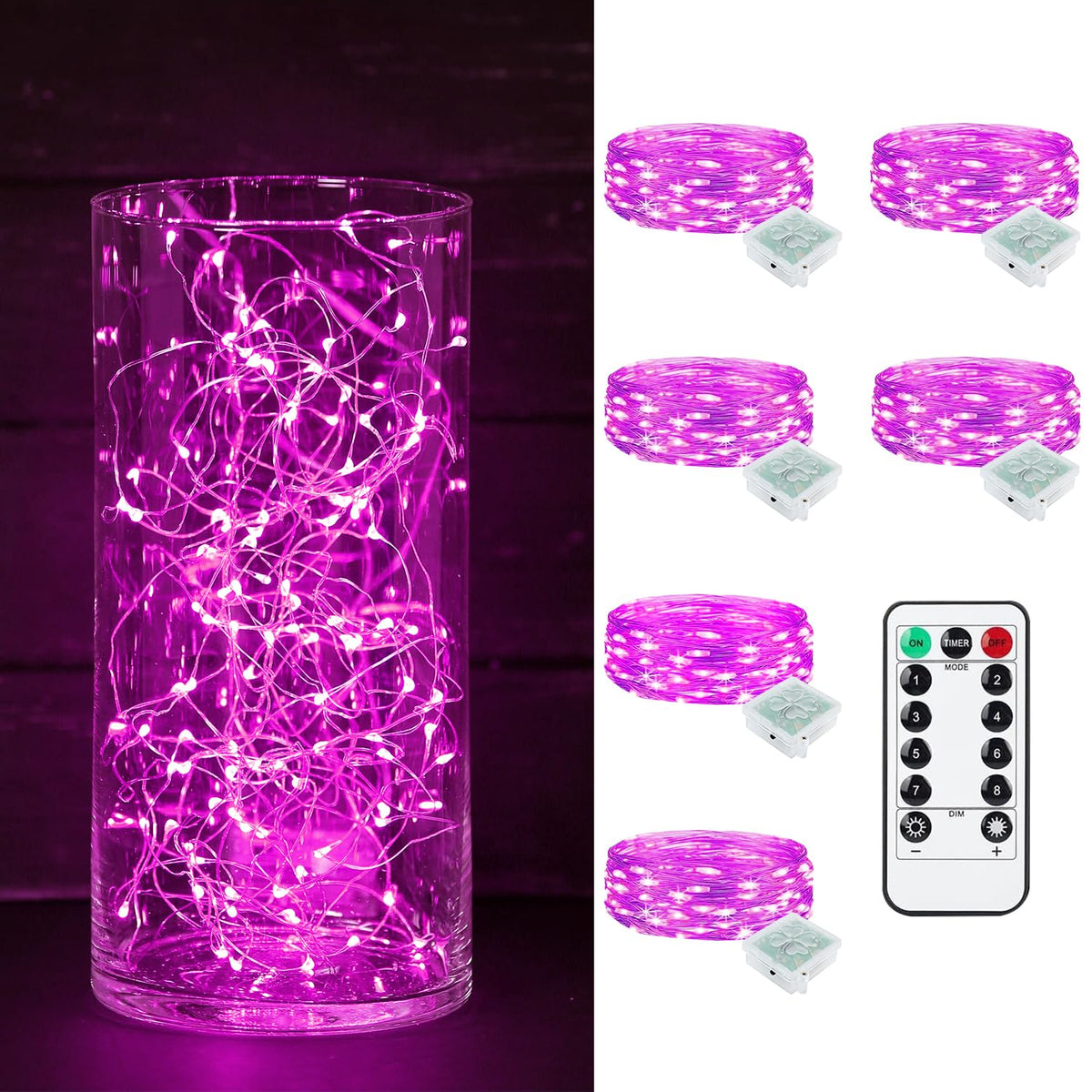 chzk 6 Pack Fairy Lights Battery Operated with Remote Timer 8 Lighting Modes,7ft 20 LED Waterproof Mini String Lights for Halloween Christmas Table Centerpieces Bedroom Decorations,Pink