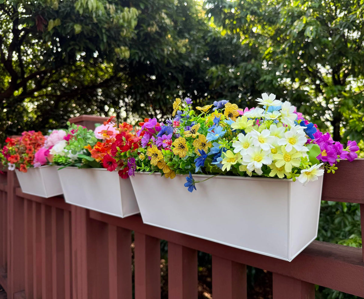 JFMAMJ Metal Railing Planter, 16 Inch Rectangular Window Box with Adjustable Brackets, Drainage Holes, for Balcony Deck, 4 Pack (White, Rectangular)