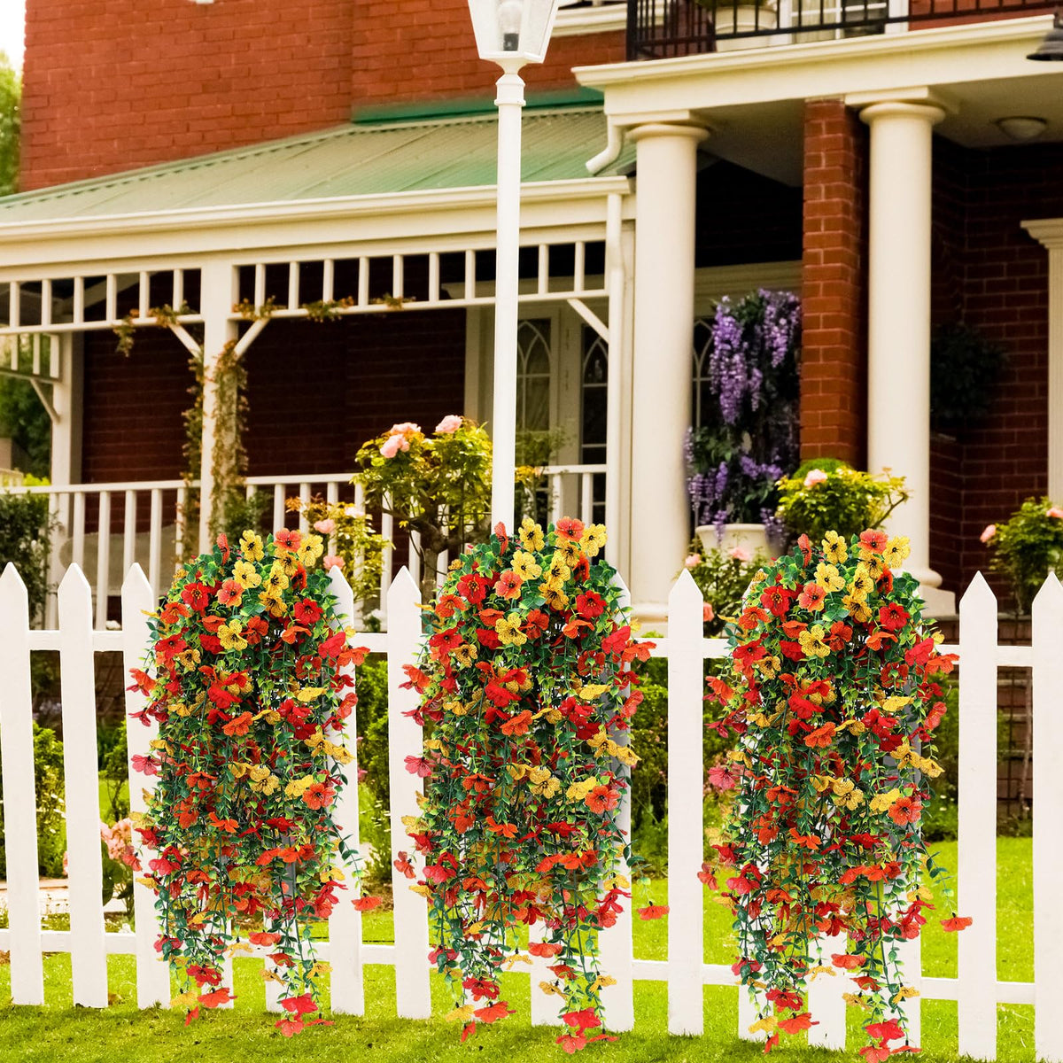 FineCheer 6 Pcs Fall Artificial Hanging Flower Outdoor, Red, Yellow, Orange