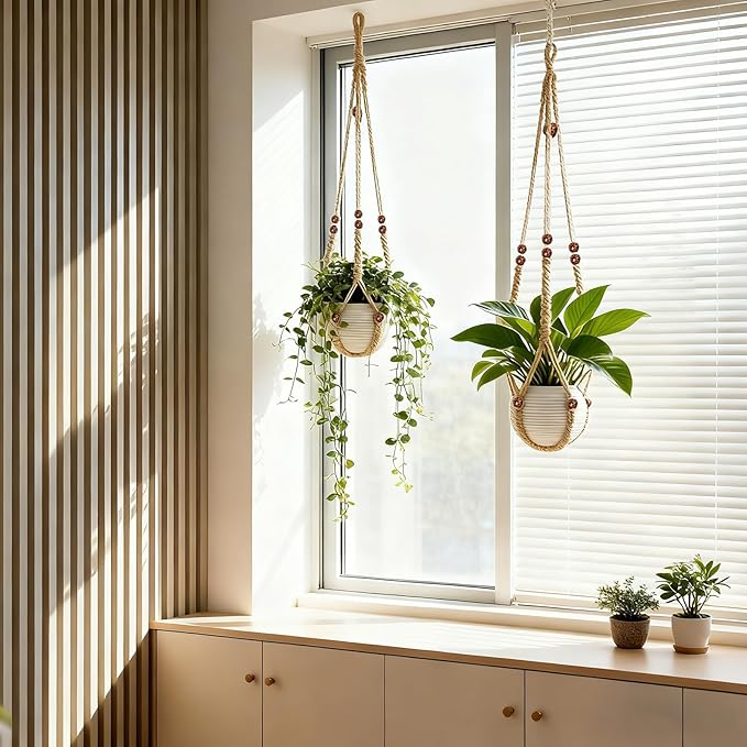 HOREAKHJ 35 Inch Macrame Plant Hanger, Large for up to 15 Inch Pot Extra Long Hanging Planter Holder Basket with Wood Beads for Indoor Outdoor Home Decor (Brown, 1-Pack)