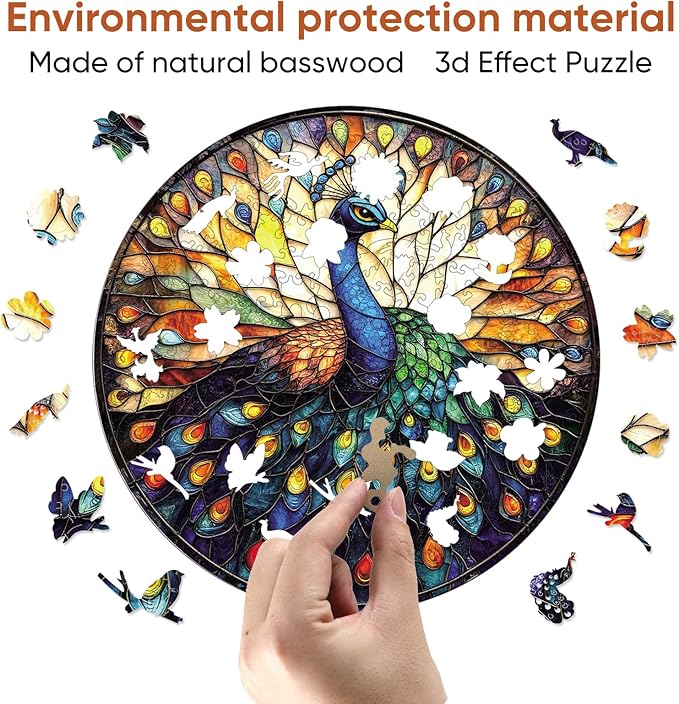 Qiuenisray Jigsaw Puzzles for Adults 200 Pieces, Beautiful Wooden Puzzles Stained Glass Peacock, FSC Certified Unique Shape Adult Puzzles, for Family Friend 11.2 x 11.2 in
