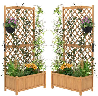 S AFSTAR Raised Garden Bed Outdoor Set of 2, 35.5x17.5x71-inch Planter Box with Trellis & Removable Bottom Base, Trellis Planter for Hanging Baskets, Idea for Patio Balcony Yard Against Wall