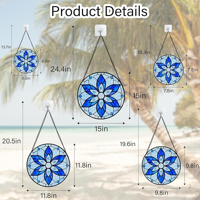 AMDERVEN Stained Glass Window Hanging, Blue Tiffany Style Flowers Sun Catcher for Window Door Home Decor Suncatcher Christmas Mother's Day Birthday Gifts for Women Men Mom and Nana 7.8 in