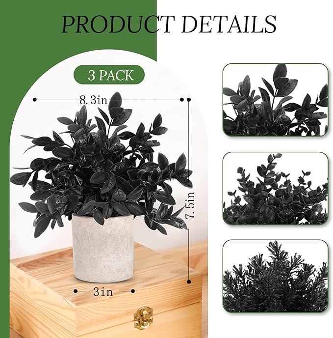 Der Rose 3 Pack Black Fake Plants Artificial Eucalyptus Plants Topiaries for Halloween Decorations Bathroom Accessories Home Office Desk Farmhouse Room Table Shelf Decor(Black)