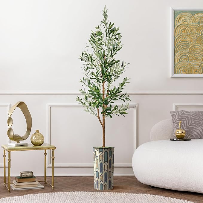 Artificial Tree in Modern Polygon Pattern Effect Planter, Fake Olive Silk Tree for Indoor and Outdoor Home Decoration - 68" Overall Tall (Plant Pot Plus Tree)