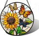 Stained Glass Window Hanging, Butterfly and Sunflowers Sun Catchers Glass Panel Plant Insects Suncatcher Decor for Birthday for Women, Men, Wife, Aunt, and Mom 9.8 in