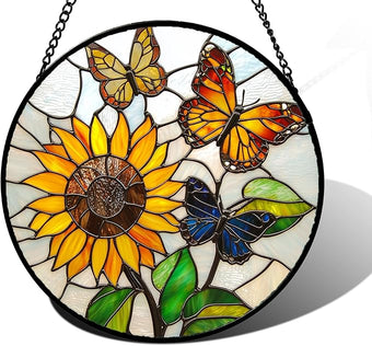 Stained Glass Window Hanging, Butterfly and Sunflowers Sun Catchers Glass Panel Plant Insects Suncatcher Decor for Birthday for Women, Men, Wife, Aunt, and Mom 6.3 in