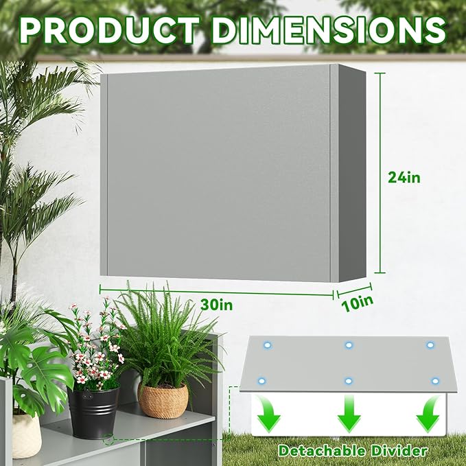 NUWJBYE Tall Metal Planter Box, 30" L x 10" W x 24" H Large Outdoor Planters with Drainage & Adjustable Shelf, Heavy Duty Steel Rectangular Planter for Patio, Balcony, Indoor(Gray)