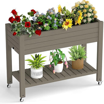 Raised Garden Bed with Legs, 33.66" Tall Self-Watering Resin Planter Box with Lockable Wheels Drainage Plug and Gauge for Vegetables, Flowers, Storage Shelf for Tools and Accessories (Grey)