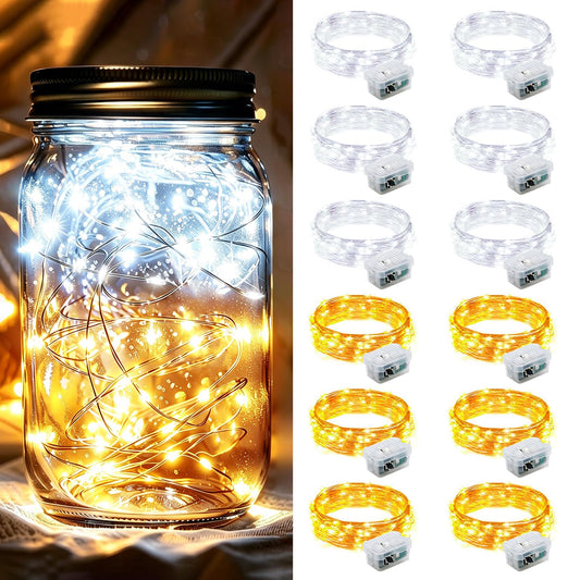 chzk 12 Pack Fairy Lights 7Ft 20 LED Twinkle String Lights 3 Modes Battery Operated Waterproof Firefly Starry for Mason Jar Party Wedding Christmas Valentines Day Table Centerpieces,Warm White + White