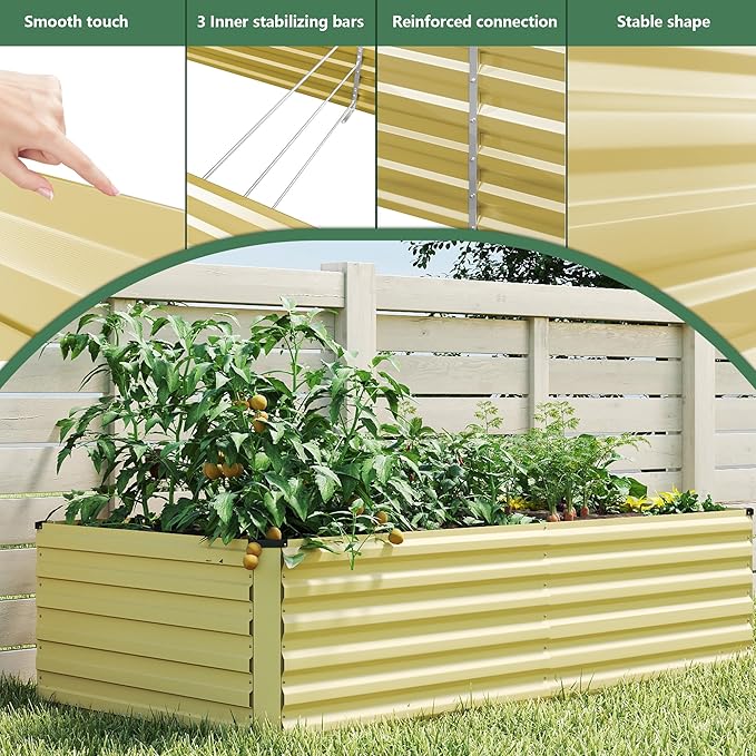 FOOWIN 4pcs 8x4x2ft Galvanized Raised Garden Bed, Planter Raised Garden Boxes Outdoor, Large Metal Raised Beds for Gardening, Garden Bed for Vegetables, Flowers, Herb,478 Gallon Capacity, Cream Yellow