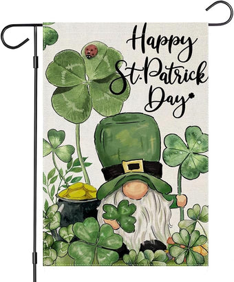 Happy St Patricks Day Garden Flags for Outside, Irish Gnome with Lucky Shamrocks Small Seasonal Decoration for Holiday Anniversary Yard Outdoor Decor 12x18 Inch Double Sided