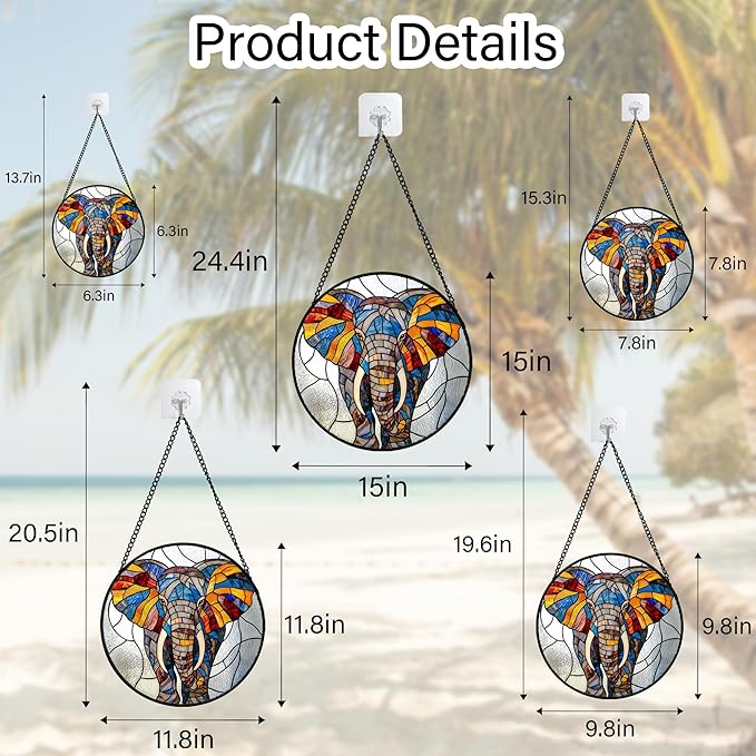 AMDERVEN Stained Glass Window Hanging, Colorful Elephant Sun Catcher for Door Home Decor Animal Suncatcher Christmas Mother's Day Birthday Gifts for Women Men Mom and Nana 15 in