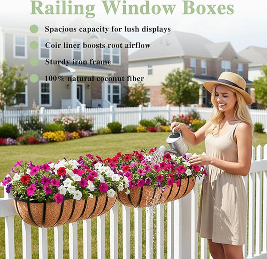 24 Inch Railing Planter Window Box Deck Balcony Rail Planter with Coco Liner Metal Wall-Mounted Coconut Liner Planter Basket English Horse Trough Planters for Outdoor Balcony Porch Fence (2 Pack)