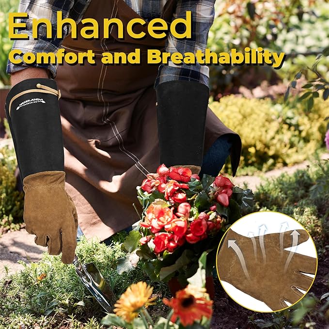 HANDLANDY Long Gardening Gloves for Men & Women, Pigskin Leather Rose Pruning Gloves, Breathable Thorn Proof Gauntlet Glove (Brown-Pigskin, M)