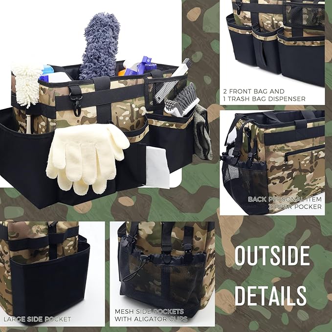 Wearable Cleaning Caddy Organizer with Handle & Shoulder Straps for Housekeepers, Under Sink & Car Cleaning Tool Organizer Bag with 4 Foldable Dividers (Camouflage)