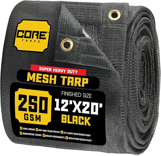 Core Tarps 60% Black Shade Cloth with Grommets - 12 X 20 FT Heavy Duty Mesh Tarp - Sun Shade Cloth for Garden Vegetables Plants Greenhouse Outdoors Backyard Fences Dump Trucks Patio Mesh Shade Tarp
