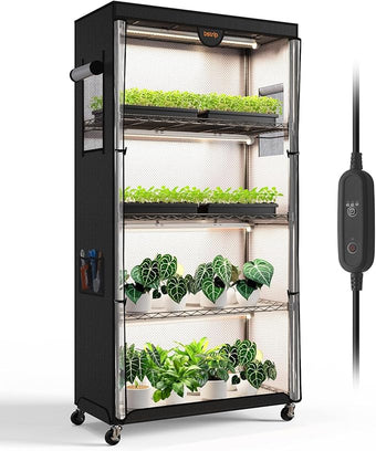 Bstrip Indoor Greenhouse with Grow Light, Plant Stand with 4 Pack 24W Full Spectrum Plant Lights, Plant Shelf with Tent for Indoor Plant, Seed Starting, Seed Tray, 29.5"x13.8"x59"