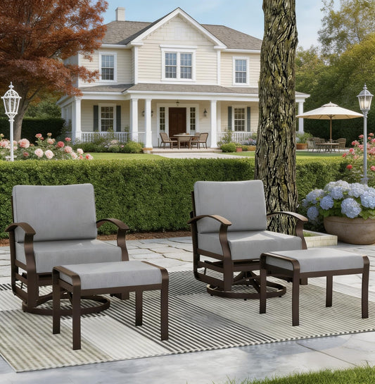 RTDTD 4 Piece Aluminum Swivel Rocking Chair Set,Outdoor Patio Swivel Gliders Chair with 5.1" Thick Cushions and Ottomans,Conversation Furniture Set Suitable for Patio,Lawn,Back Garden(Gray)