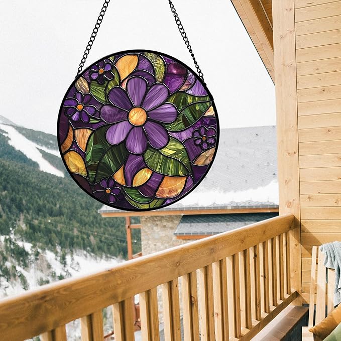 AMDERVEN Stained Glass Window Hanging, Purple Green Flowers Sun Catcher for Door Home Decor Plants Suncatcher Christmas Mother's Day Birthday Gifts for Women Men Mom and Nana 11.8 in