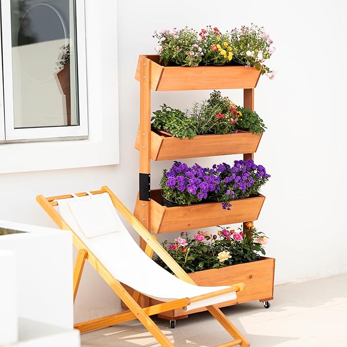 Wooden Elevated Garden Bed, Vertical 4-Storey Wooden Flowerpot Box with Wheels, Adjustable Flowerpot Box, Suitable for Outdoor and Indoor Balconies, Vanilla Garden Gardening Vegetables