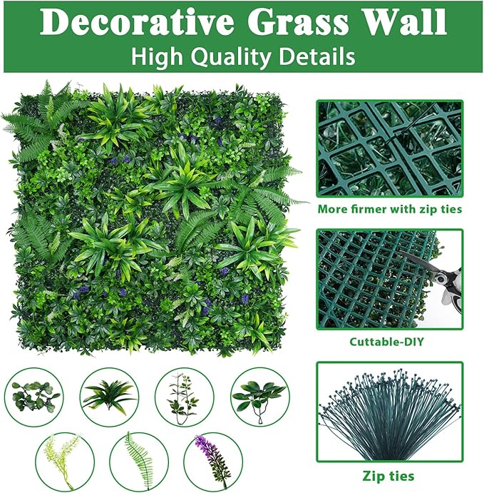 Yangrass 16pcs 20''x20'' Grass Wall Panels, Artificial Hedge Panels Greenery Wall, UV Protected Faux Grass Backdrop Privacy Fence Screen, Greenery Wall for Outdoor Indoor Garden Birthday Wedding Decor