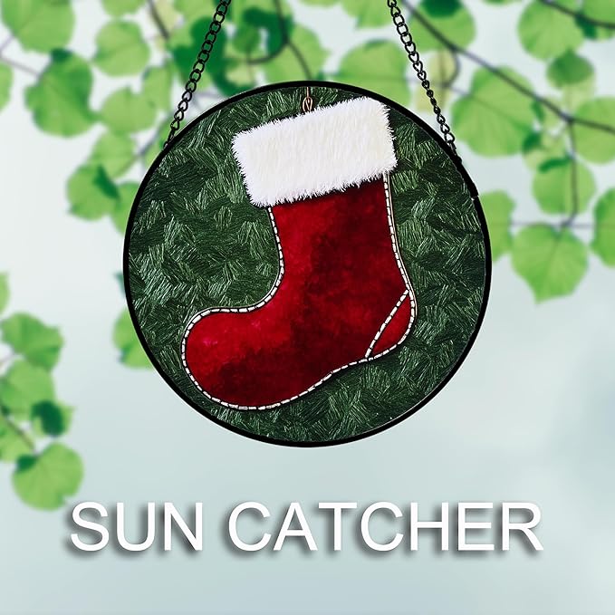AMDERVEN Stained Glass Window Hanging 4 Pcs Set Red Christmas Stockings and Gingerbread 7.8" - Suncatcher Door Garden Sun Catcher Decor Birthday Mother's Day Xmas Gifts for Mom Woman Nana Men