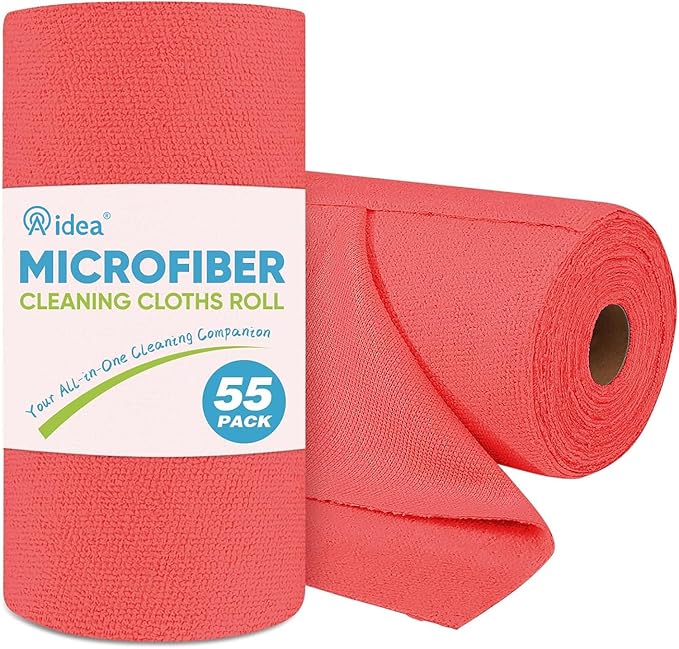 AIDEA Microfiber Cleaning Cloth Roll, Red Shop Towels 55 Sheets Washable, Microfiber Towels for Cars, Shop Rags Reusable Paper Towel for Automotive, Workshop, House, Kitchen, Cleaning Supplies11×9"