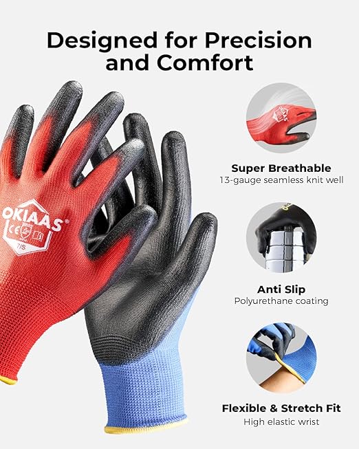 OKIAAS Men's Large Blue 12 Pairs Ultra Thin and Lightweight Working Gloves with Grip, Polyurethane Coating, Safety Gloves for Light Duty Work