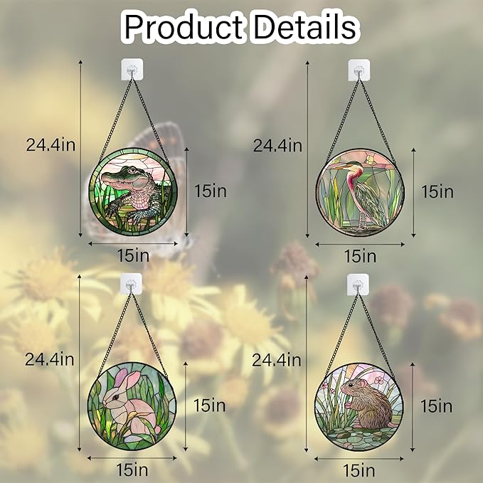 DASTOLL Stained Glass Window Hanging 4 Pcs Set Cute Animal Large 15"- Green Plant Pink Suncatcher Door Garden Sun Catcher Decor Birthday Christmas for Mom Woman Nana Men Friend