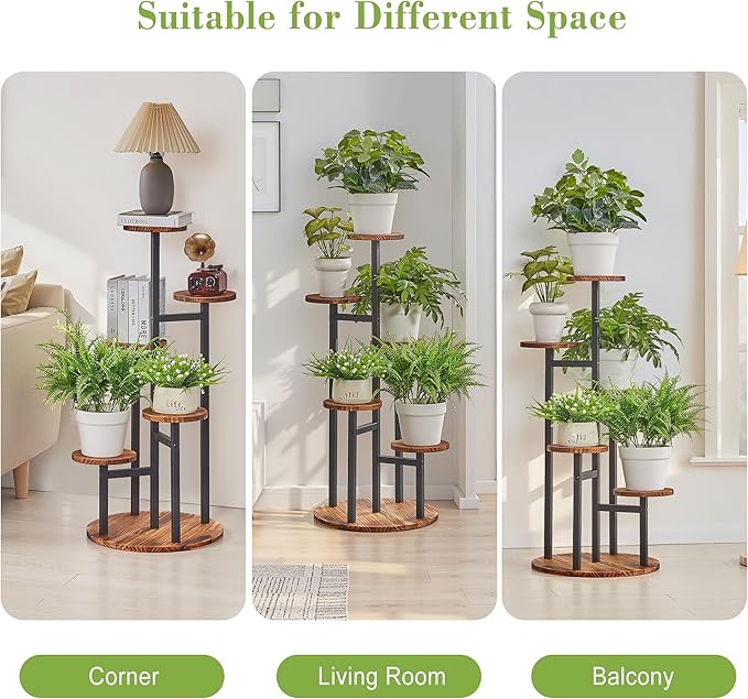 VECELO 5 Tier Plant Stand Indoor Outdoor, Tall Metal Wood Flower Shelf for Multiple Plants, Small Tiered Round Corner Display Rack, Planter Pot Holder for Patio Garden Balcony Living Room Bedroom