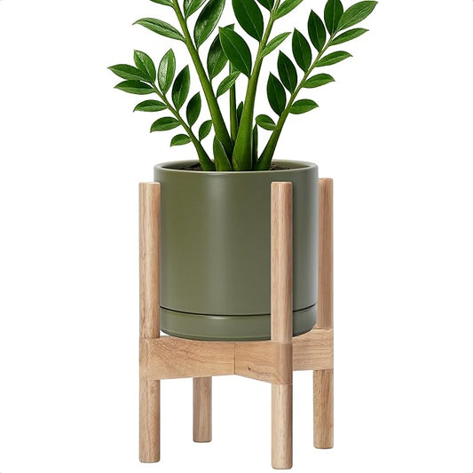 D'vine Dev Ceramic Planter with Natural Stand - 8 Inch Modern Round Flower Pot with Wood Planter Holder, Olive, 55-B-N-J