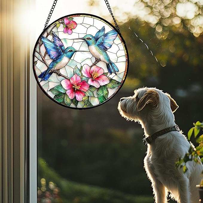 Stained Glass Window Hanging - Blue White Hummingbirds Pink Flowers Suncatcher for Door Terrace Garden Home Decor Bird Sun Catcher Birthday Gifts for Lovers Women Men Dad Mom Nana 11.8 in
