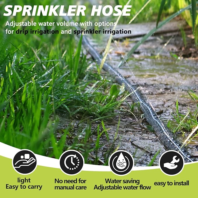 Sprinkler Soaker Hose 25 ft, Flat Watering Hose with Holes, Water Saving Drip Line Irrigation Hoses with Garden Staples for Lawn, Vegetable Garden Beds (25 ft)