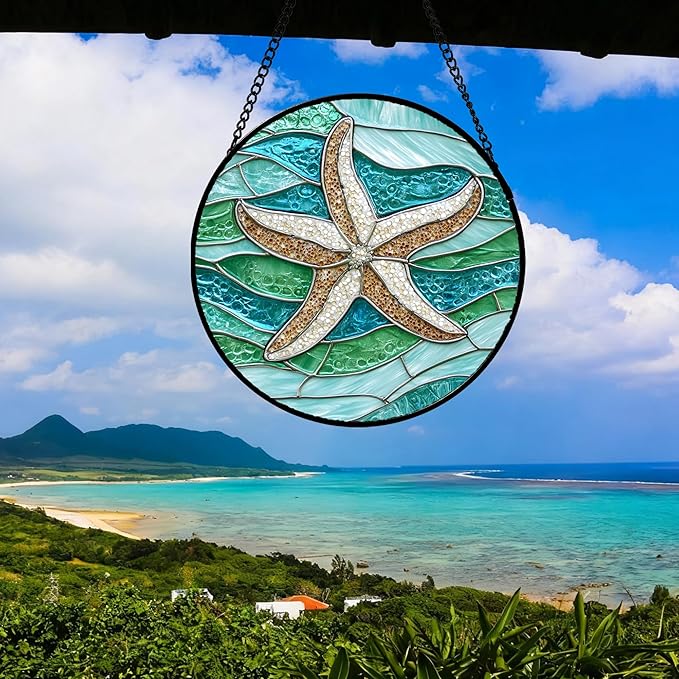 DASTOLL Stained Glass Window Hanging Teal Sea Waves Starfish Large 11.8" - Suncatcher Door Garden Sun Catcher Home Decor Birthday Mother's Day for Mom Men Woman Parents Her Child Nana