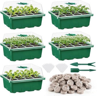 Apipi 5 Pack Seed Starter Kit with 60 Coco Coir Pellets - 60 Cell Seed Starter Trays with Domes for Indoor Greenhouse Germination, Home Gardening System for Vegetables/Herbs/Flowers