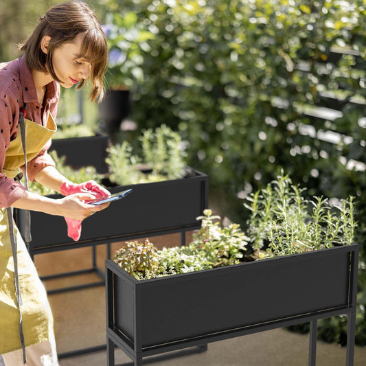 Cocoyard Metal Elevated Planter Box - 28" Raised Garden Bed with Legs for Indoor and Outdoor - Tall Narrow Rectangle Planter with Felt Liner, Drainage Holes and Plugs for Herbs and Flowers(Black)